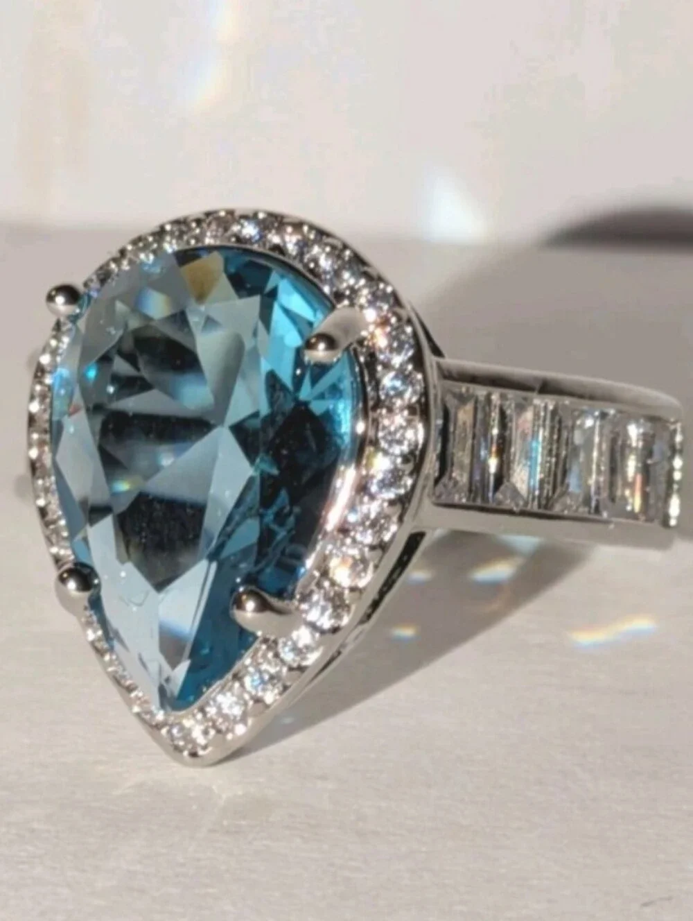 Shimmering 5ct Pear Cut Lab Created Blue Topaz Ring 14k White Gold Plated Sz 6
